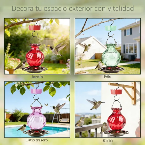 Vista 7 de Auslar - Comedero para colibríes, de vidrio de 26 onzas, para colgar en exteriores, a prueba de hormigas y abejas, foso de hormigas y 5 puertos