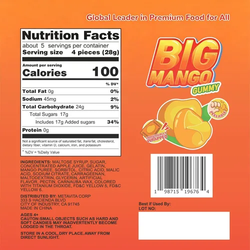 Vista 2 de MetaVita - Dulce de mango grande gomoso – Gomitas de mango pelables envueltas individualmente con puré real puro – Gomoso, sin gluten – Total 282g