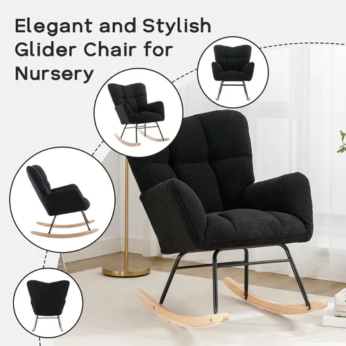 Vista 5 de Silla mecedora moderna para cuarto de bebé, silla deslizadora tapizada con respaldo alto, sillón de acento mecedor con patas de madera maciza