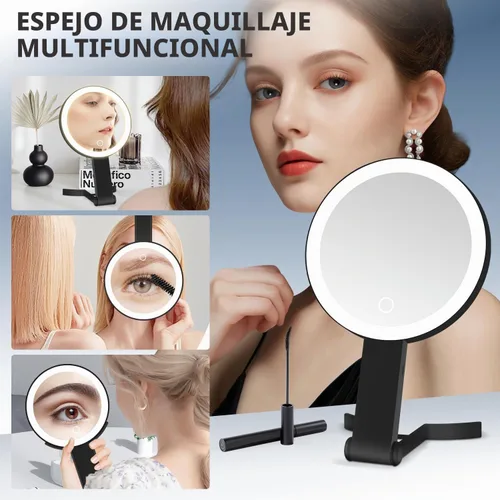 Vista 6 de Espejo de maquillaje iluminado, espejo de aumento 30X con luz, espejo colgante y de mano con asa, negro