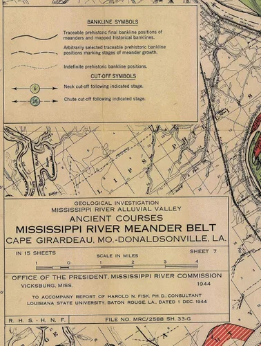 Vista 8 de Hoja 7-1944 Mapa del río Mississippi - Decoración de la casa del río Regalos de arte para pared - Póster Harold Fisk Ancient River Meander Alluvial