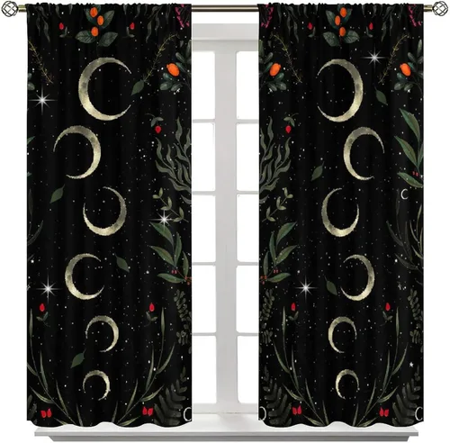 Vista 8 de Cortinas retro de luna, bosque mágico con hojas iluminadas por la luna, cortinas de plantas, diseño gótico floral de cielo estrellado para ventana