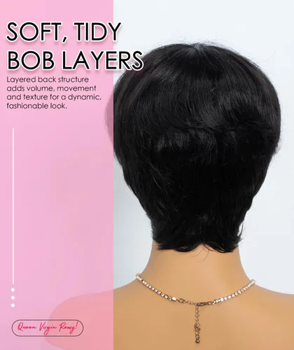 Vista 4 de QUEEN VIRGIN REMY QVR - Peluca de cabello humano con corte Pixie con flequillo, pelucas cortas para mujeres negras, cabello humano de diferentes