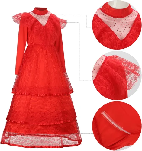 Vista 6 de ZIFUNMUR Vestido de novia gótico rojo para mujer, vestido de boda para adultos, encaje gótico, Halloween, cosplay, vestido de velo