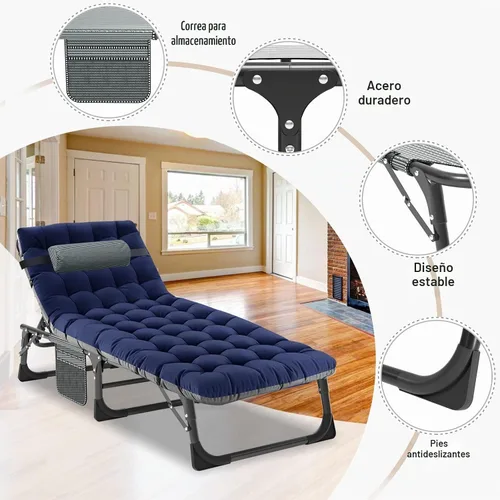 Vista 2 de ABORON - Cuna plegable de 5 posiciones para acampar y tumbona con alfombrilla azul mar