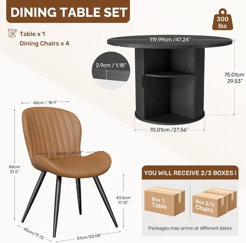 Vista 7 de Miereirl Juego de mesa y sillas de comedor moderno redondo, con una mesa de comedor de madera equipada con compartimentos de almacenamiento