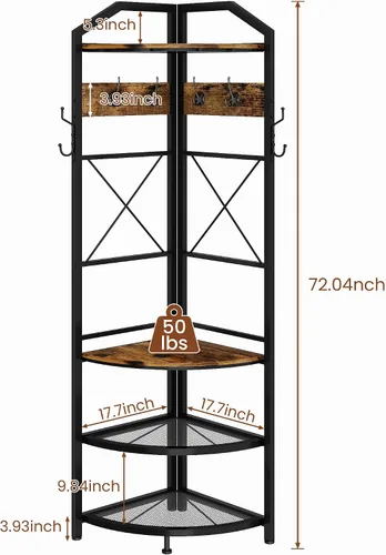 Vista 7 de Perchero esquinero con almacenamiento, árbol de entrada con banco y 10 ganchos de metal, perchero independiente para ropa y zapatos, organizador