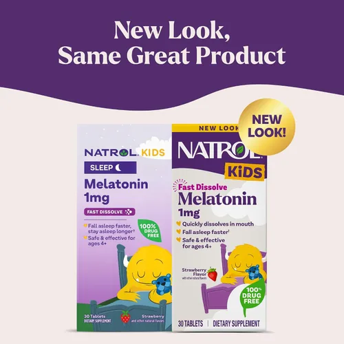 Vista 2 de Natrol Melatonina de disolución rápida de 1 mg para niños, suplemento dietético para un sueño reparador, tabletas de sueño para niños, 30 tabletas