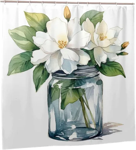 Vista 7 de YLATY3027 - Cortina de ducha con estampado de flores y flores para baño, juego de cortina de ducha bohemia con hojas verdes y flores blancas, tela