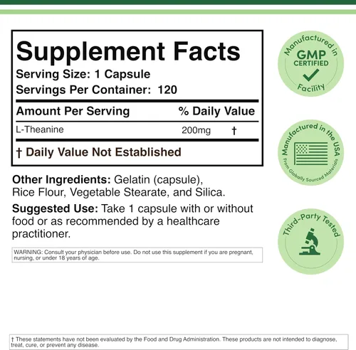 Vista 2 de L-Teanina 200mg de Doble Fuerza - Apoya la Respuesta de Sueño Saludable y Relajación - 120 Cápsulas (Probado por Terceros, Sin Gluten, Vegano)