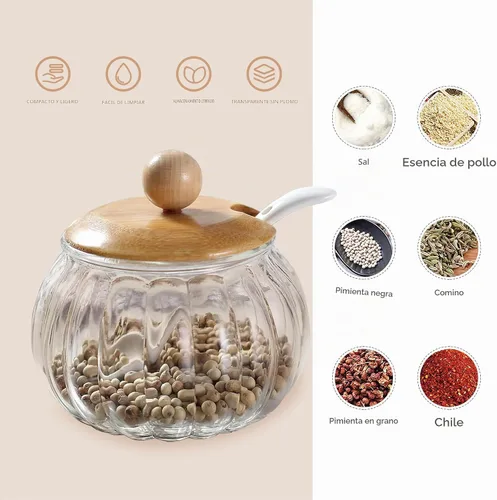 Vista 3 de Bodega de sal, recipiente de vidrio de 8 onzas / 8.5 fl oz con tapa de bambú, lindo tarro de condimento de calabaza, recipiente de almacenamiento