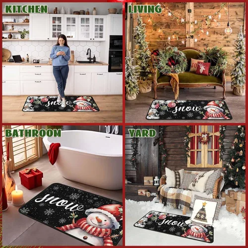 Vista 5 de Juego de 2 alfombras y tapetes de cocina navideños de muñeco de nieve negro y copo de nieve, decoración del hogar de invierno, tapete de piso