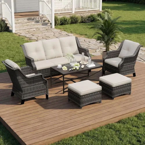 Vista 14 de Sofá de mimbre para patio al aire libre, sofá de 3 plazas, sofá de ratán con asiento profundo y cojines de olefina, respaldo alto, todo tipo de Beige