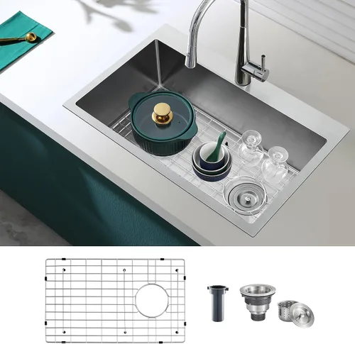 Vista 16 de Fregadero de barra empotrable de 13 × 15 pulgadas negro - Fregadero de cocina pequeño de montaje superior de un solo cuenco, hecho a mano de acero