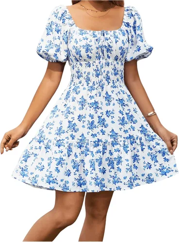 Vista 4 de Floerns Vestido bohemio de manga corta abombada con cuello cuadrado y lazo frontal para mujer