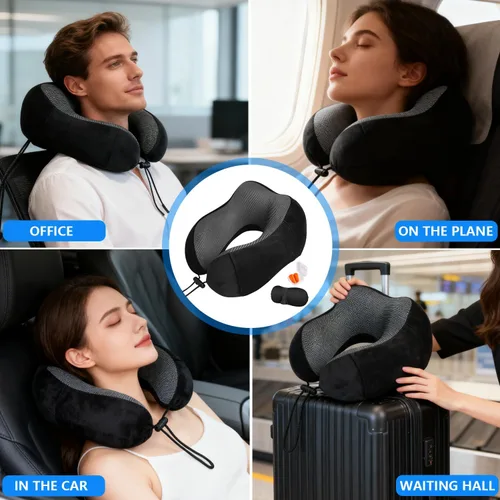 Vista 4 de Almohada de avión, almohada de cuello de viaje con espuma viscoelástica, hebilla ajustable y funda lavable a máquina para soporte de cuello