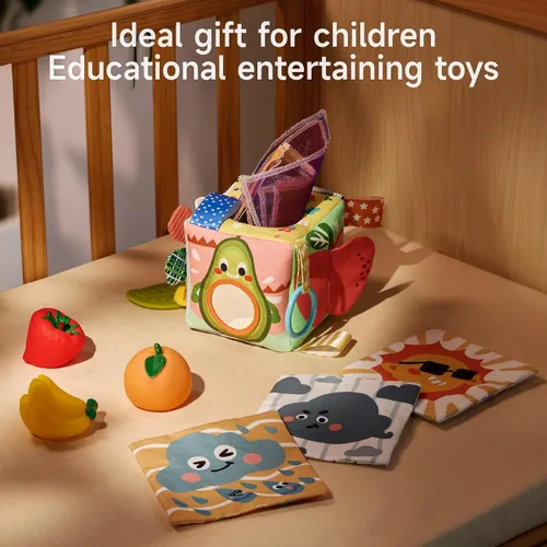Vista 3 de TUMAMA - Caja de pañuelos para bebé, juguetes Montessori para bebés de 6 a 12 meses, juguetes sensoriales suaves y arrugados para bebés de 0 a 12