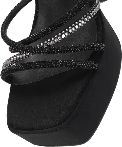 Vista 7 de PTUPLYU Tacones altos negros gruesos para mujer, plataforma de gamuza cuadrada, tacón abierto, tacón de tiras de diamantes de imitación brillantes