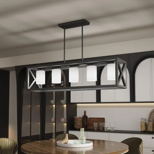 Vista 13 de Lámpara de comedor de granja – Iluminación de isla de cocina de 4 luces con altura ajustable y metal grueso para comedor sobre mesa, candelabros