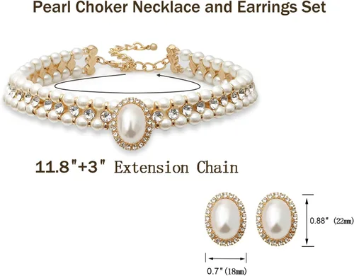 Vista 5 de S SUSANN Juego de collar y aretes de perlas de oro trenzado en capas, collar y aretes de perlas de cristal grueso, buen regalo para mujeres, juego