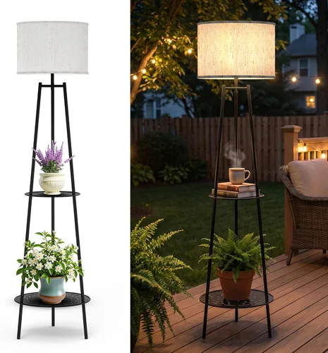 Vista 16 de MXwcy Lámpara de pie solar con soportes para plantas, luces solares para exteriores con bombillas LED Edison vintage, luces de jardín resistentes a