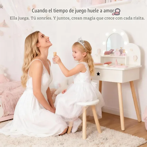 Vista 5 de Leeshyah Juego de Tocador para Niñas con Espejo de Luz de 3 Colores con Botón Táctil, Mesa de Maquillaje de Madera de Juego de Simulación con 11