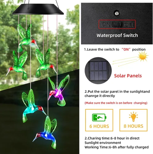 Vista 5 de Regalos para mamá de hija, hijo, esposo, campanillas de viento LED solares de colibrí para interiores y exteriores, el mejor regalo para el día