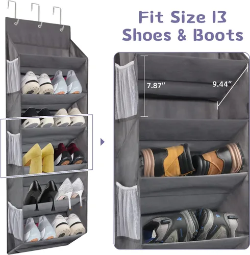 Vista 4 de Organizador de zapatos sobre la puerta – Almacenamiento colgante para 12 pares de zapatos, 6 bolsillos de malla + 6 bolsillos grandes profundos