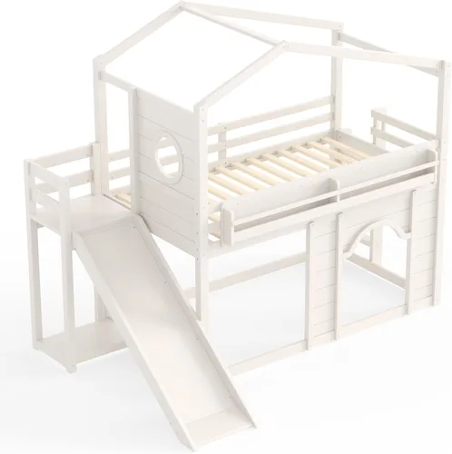 Vista 8 de Harper & Bright Designs Cama tipo loft para niños, tamaño individual, con armario y puerta arqueada, litera de casa con tobogán y estanterías