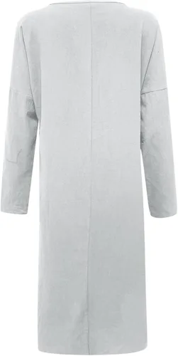 Vista 5 de Vestidos de otoño para mujer 2022 de algodón lino holgado casual de color liso con bolsillo vestido de manga larga