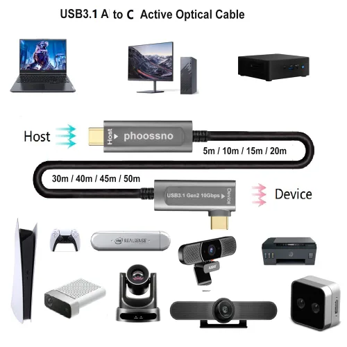 Vista 4 de phoossno Cable de fibra óptica USB C a C, cable de ángulo USB 3.1Tipo C de 10 Gbps 33 pies compatible con Microsoft Azure Logitech Camera Aver &