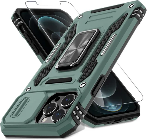 Vista 12 de DEERLAMN Funda para iPhone 13 Pro Max con cubierta deslizante para cámara + protector de pantalla (1 unidad), anillo giratorio con soporte de grado
