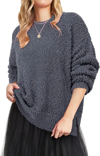 Vista 2 de StunShow Suéter de manga larga con abertura lateral para mujer, suéter de gran tamaño para otoño (S-3XL)