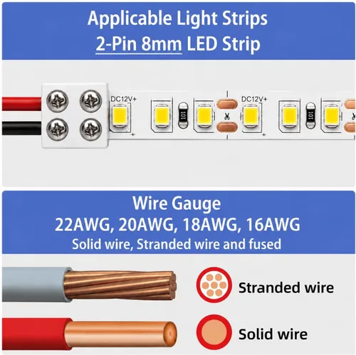 Vista 4 de 20 piezas de conectores de tira de luz LED de 2 pines de 8 mm sin soldadura, confiables y fáciles de instalar, conectores de luz LED sólidamente