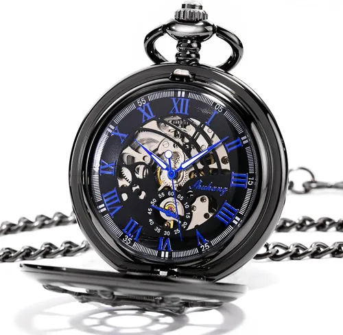 Vista 2 de Reloj de bolsillo para hombre y mujer con esfera de números romanos y doble cubierta de Treweto Negro