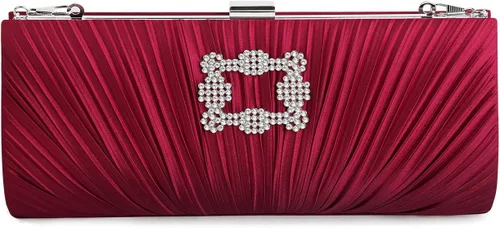 Vista 3 de Bolso de mano plisado de satén para boda con broche de diamantes de imitación, color borgoña, 10.4 pulgadas de ancho x 4.9 pulgadas de alto x 2.2