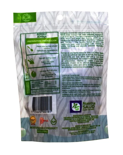 Vista 3 de Nuestra Salud Borraja Borraja Té de infusión de hierbas totalmente natural tradicional (1.23 oz) 100% hierba seca natura. Cierre de cremallera