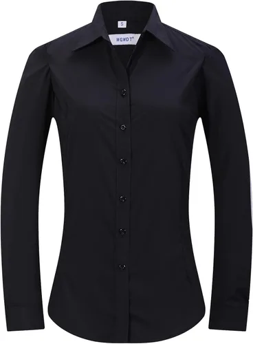 Vista 6 de MGWDT Camisa de trabajo con botones para mujer, ajustada, resistente a las arrugas, manga larga/corta, elástica, ligera