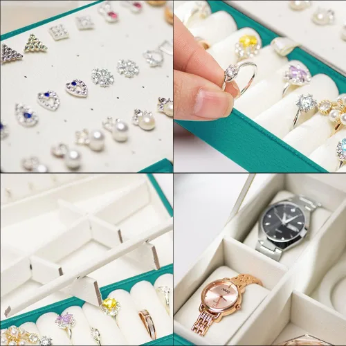 Vista 4 de XYMAO Caja organizadora de joyas cajas de joyería de cuero sintético con cerradura para mujeres y niñas caja de joyería de viaje para anillos aretes