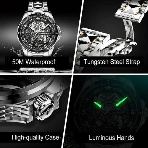 Vista 5 de OLEVS Mens Skeleton Automatic Watch Fashion Big Face Sapphire Crystal Roman Numerals Self Winding Watches Gold Silver Black Tungsten Steel Watch for