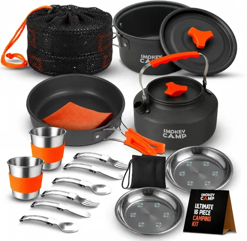 Vista 12 de Smokey Camp Camping Cookware Mess Kit Set with Stove - Backpacking Camping Pots and Pans Set, All in One Non-Stick Camping Cooking Set, Portable
