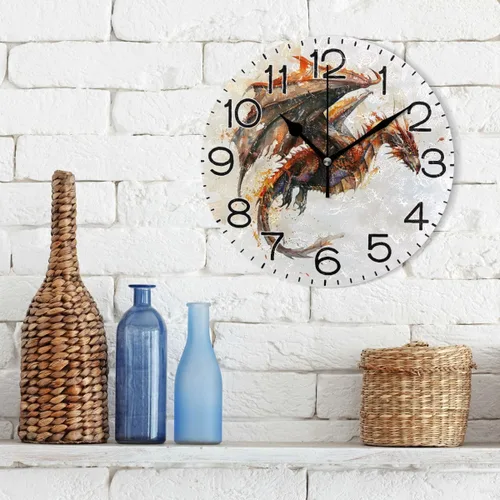 Vista 3 de Reloj de pared con diseño de dragón volador, funciona con pilas, sin tictac, de cuarzo, analógico, rústico, rústico, redondo, decoración retro