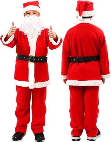 Vista 3 de Disfraz de Papá Noel para niños disfraz de Papá Noel de terciopelo para niños disfraz de Navidad 6 piezas traje de fiesta elegante para niños talla L