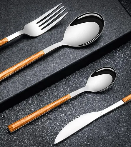 Vista 9 de Wood Silverware Set for 6 Modern Cutlery Utensils 18/10 Stainless Steel Flatware Set Wood Grain Handle 24 Piece Include Knives Forks and Spoons