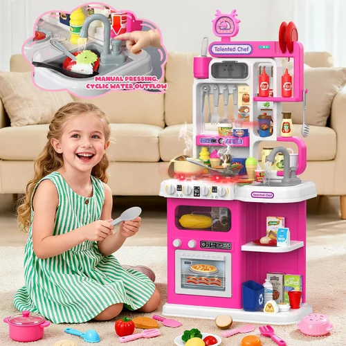 Vista 4 de Juego de cocina para niños, cocina de juego de 36.22 pulgadas para niños pequeños de 1 a 3 años con vapor, sonido y luz, estufa de cocina