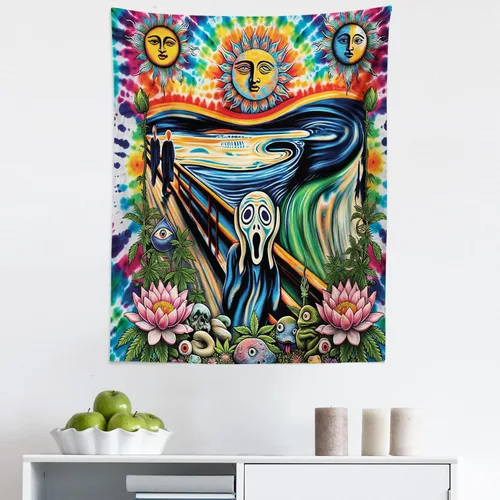 Vista 135 de Ambesonne Tapiz verde, fases lunares alrededor de un árbol de la vida, impresión de diseño bohemio de astrología nocturna, decoración de tela