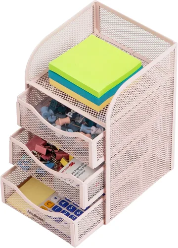 Vista 4 de Mind Reader Almacenamiento de accesorios de escritorio, cesta con clip para carpeta de papel, espacio de trabajo, oficina, malla metálica, 4.75 Rosa