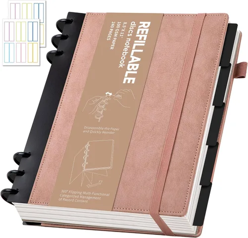 Vista 16 de Yoment - Cuaderno de diario de cuero para trabajo, recargable, 224 páginas, 100 GSM, papel grueso, cuaderno de 5 materias con separadores y pestañas