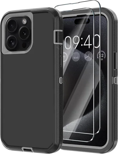 Vista 9 de Funda para iPhone 15 Pro Max con 2 protectores de pantalla, protección contra caídas a prueba de golpes, cuerpo completo, resistente, 3 capas, Negro