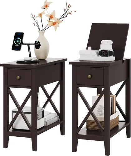 Vista 14 de ChooChoo Mesa auxiliar, mesa auxiliar estrecha abatible con estación de carga Narrow Side Table with USB Ports and Outlets, Nightstand with